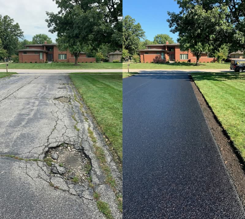 Before and after: a cracked driveway restored to smooth black asphalt